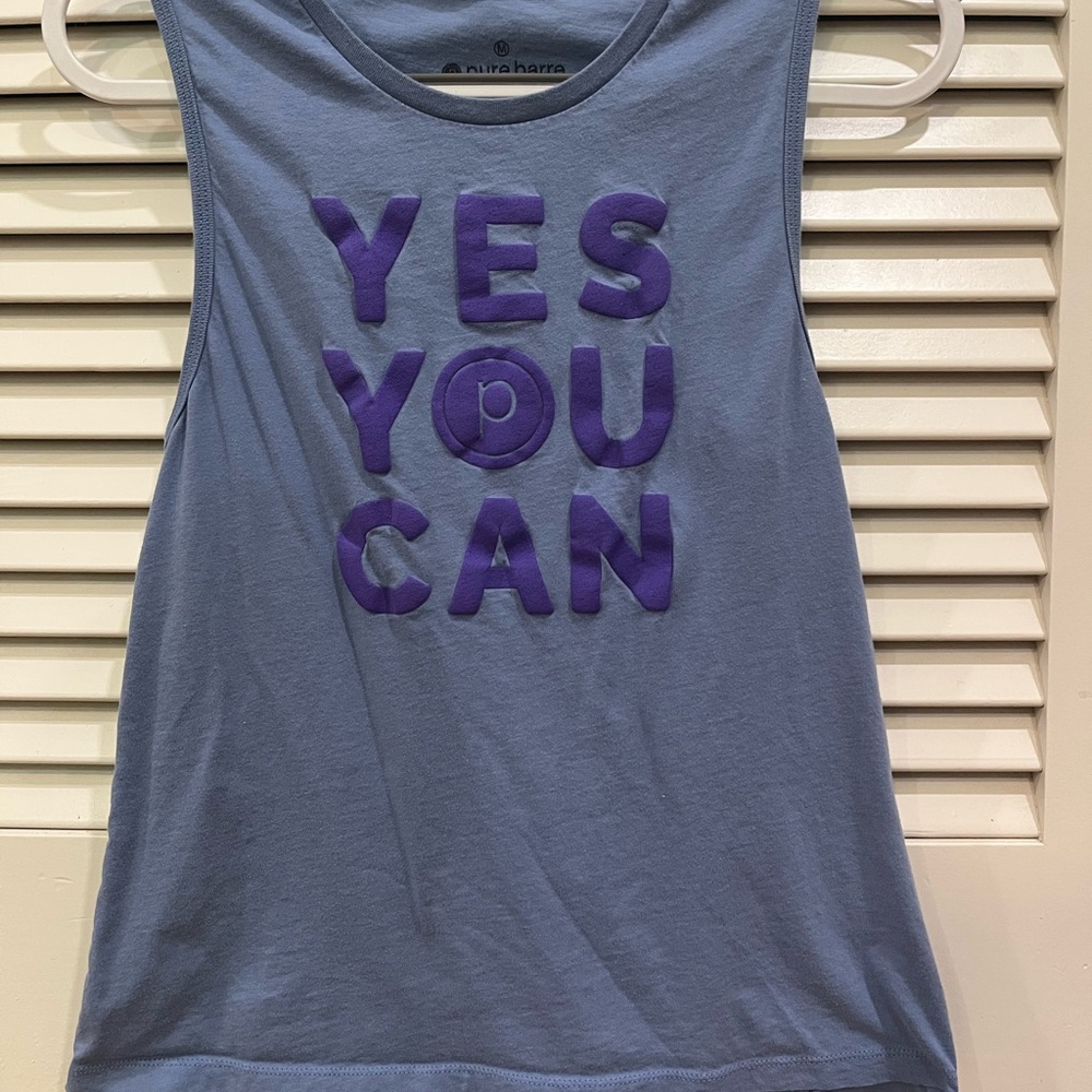 Pure Barre Blue Muscle Tee with Purple Print